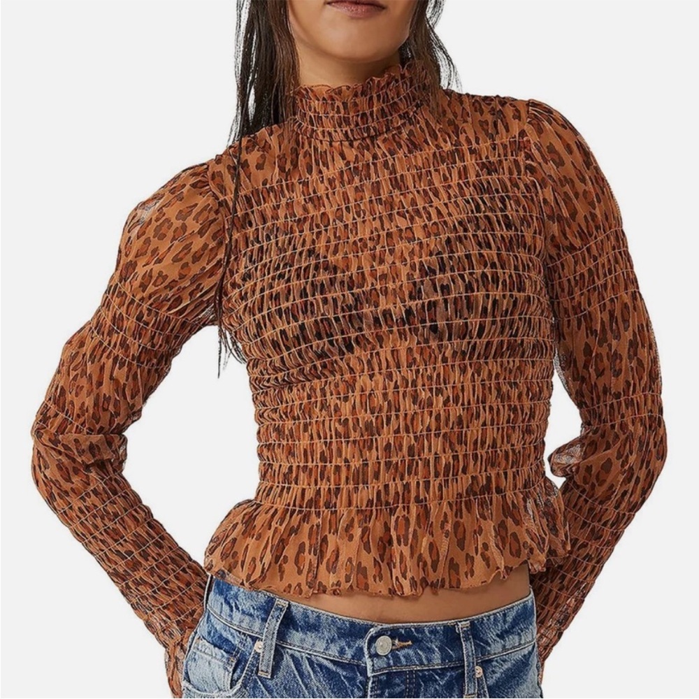 Free People Hello There Womens Smocked Blouse | Sheer Top | Leopard Combo | NWT